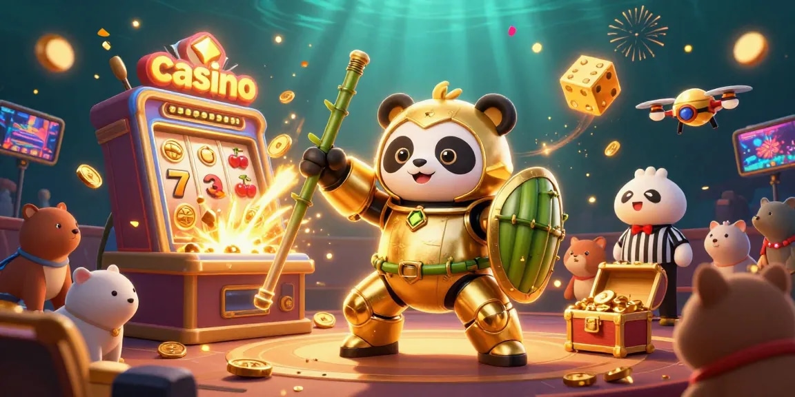 Experience the excitement of a casino scene with a panda piloting a robot amidst dynamic slots and celebrations.