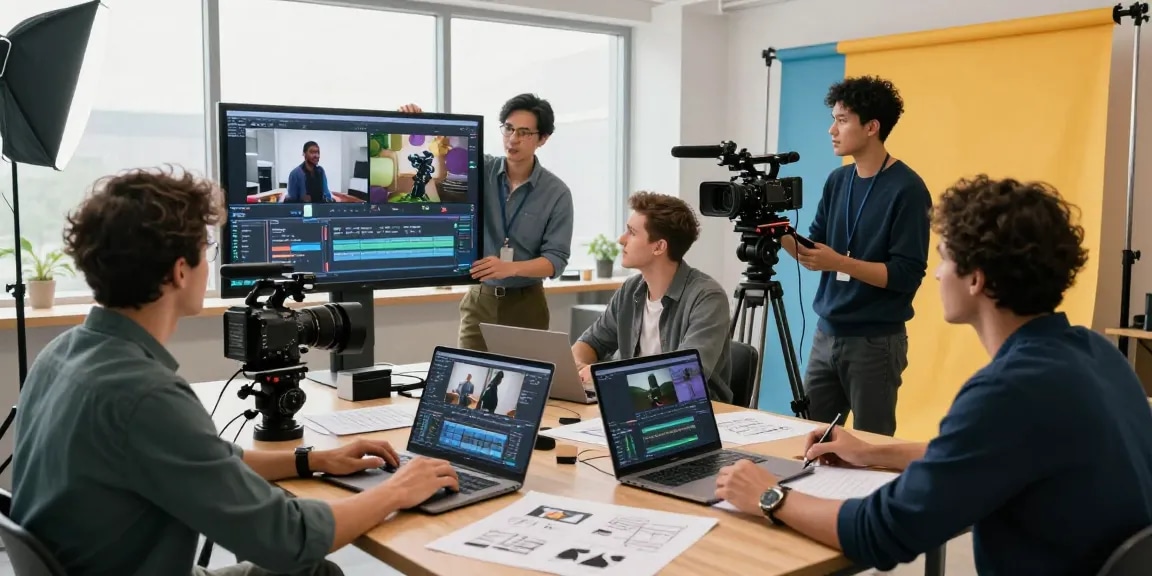 Corporate video production team in action, reviewing footage and brainstorming creative ideas.