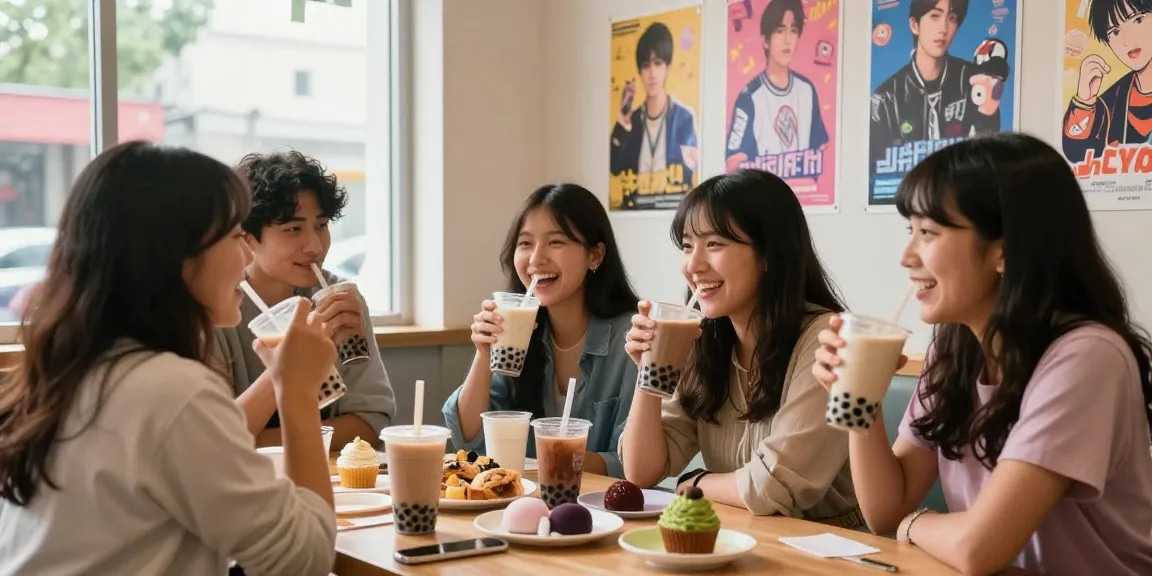 Friends exploring Asian pop culture at https://hanadultalk.com while enjoying tea and snacks in a cozy café.