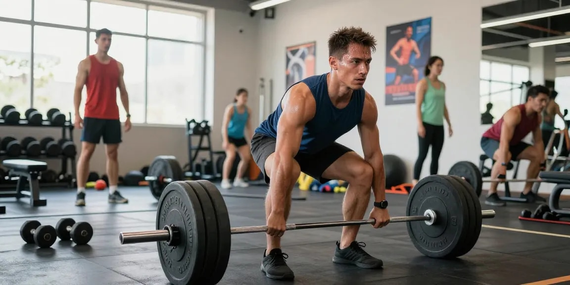 Beligas Shop showcasing a modern gym environment with an athlete performing deadlifts surrounded by fitness equipment.