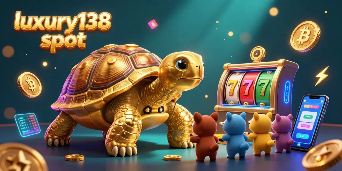 Engage with the luxury138 slot world, featuring colorful slot reels and golden tortoise in a dynamic casino backdrop.