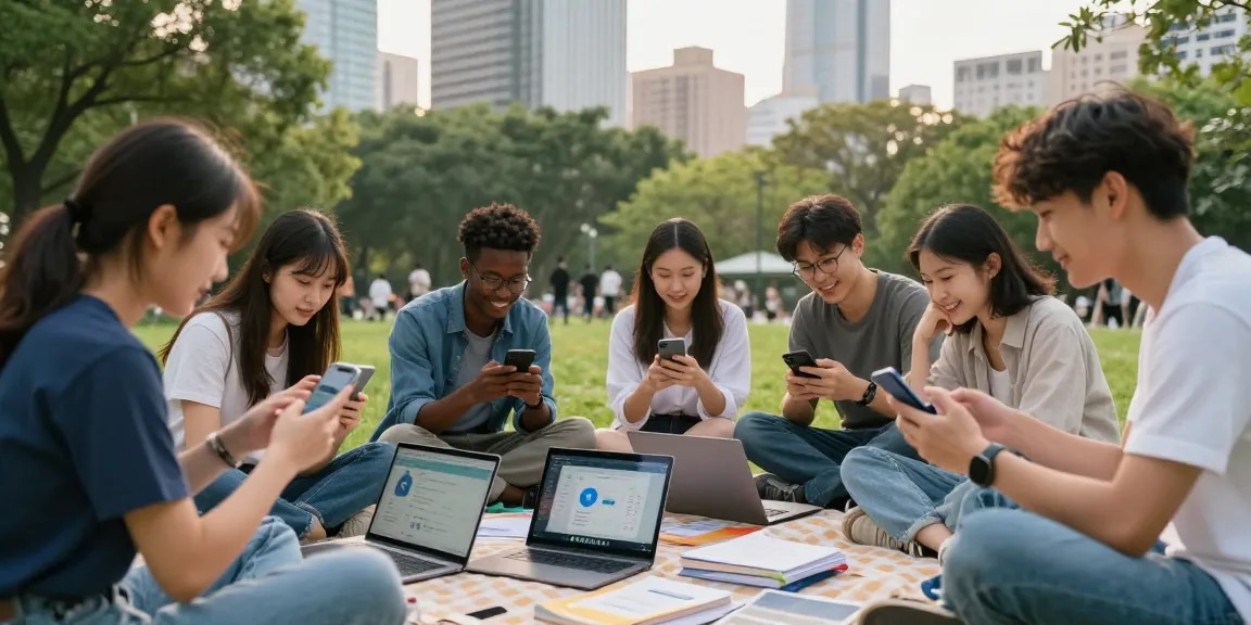 Group discussing telegram china help using technology in a park.