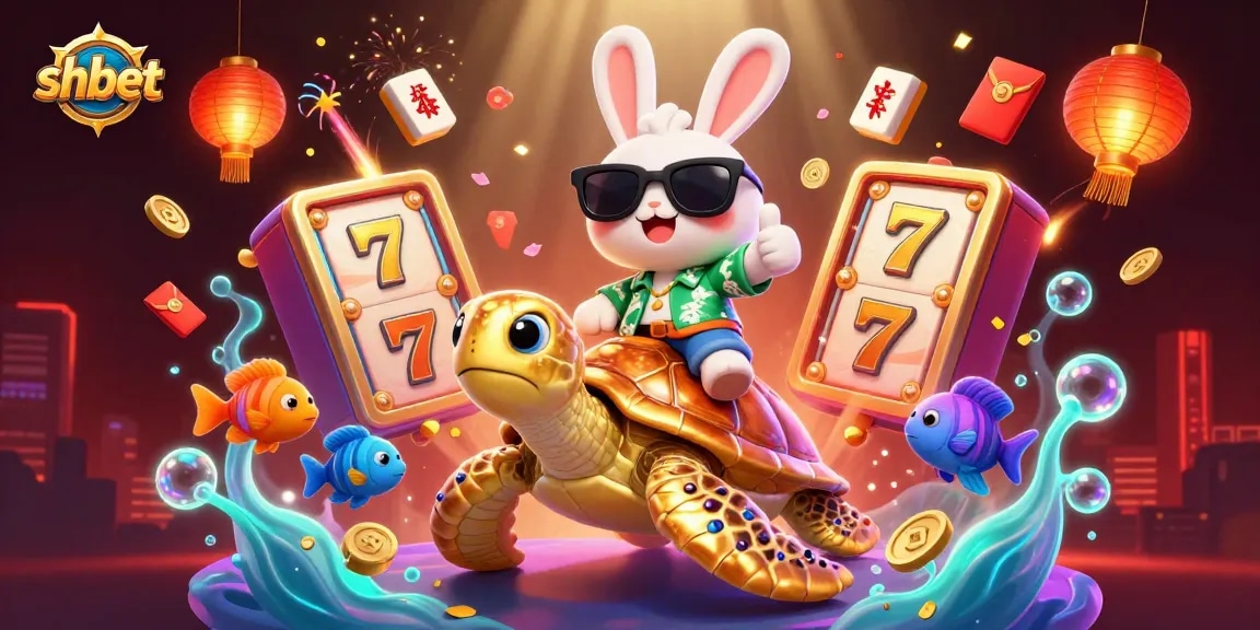 Experience the thrill of shbet with a lucky rabbit and golden turtle in a vibrant casino scene.