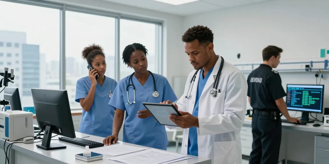 Healthcare professionals responding to a data breach crisis at Depici Media, showcasing urgency and collaboration in a hospital setting.