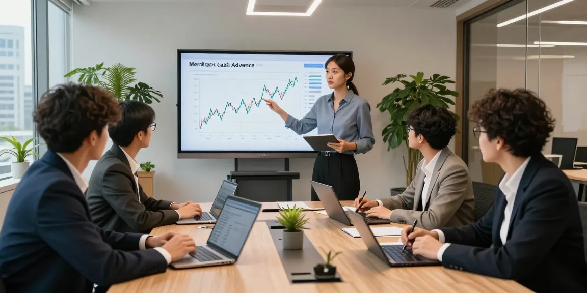 Team discussing merchant cash advance rates at a modern financial consulting office.