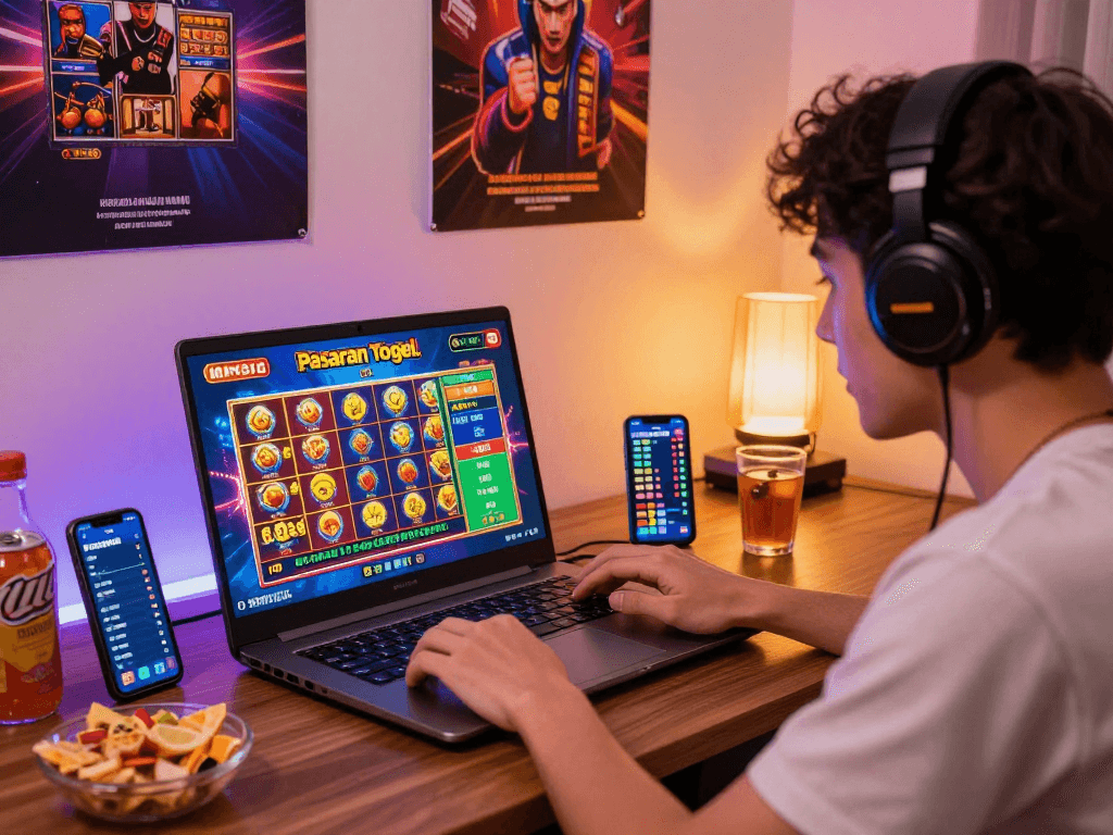 Engaged player experiencing pasaran togel in vibrant home gaming setup with colorful graphics and snacks.