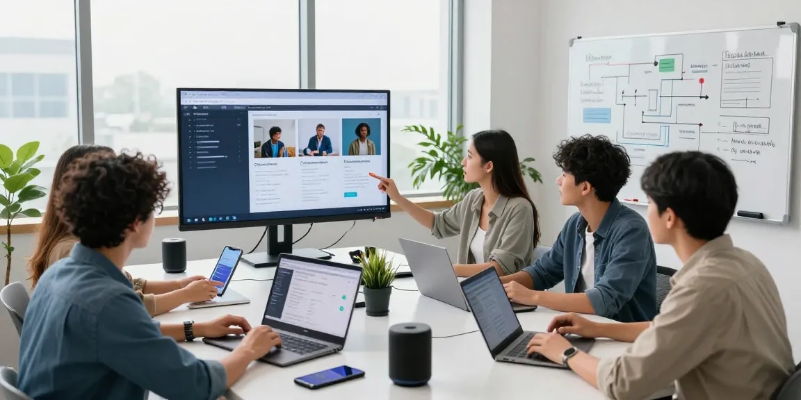 Team collaborates to detect AI image content in a bright, modern workspace.