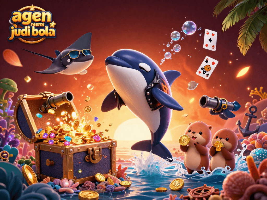Engage with agen resmi judi bola as playful characters celebrate winning with gold coins.