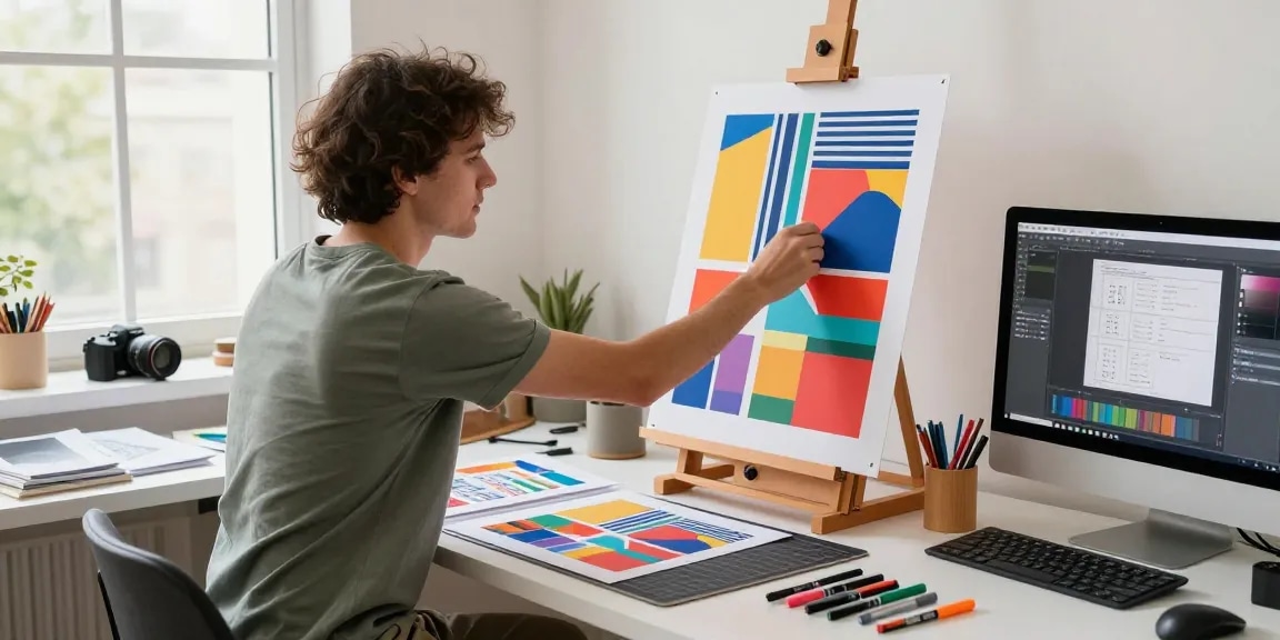 Custom poster printing scene with designer adjusting vibrant graphics in a bright workspace, showcasing creative art supplies.