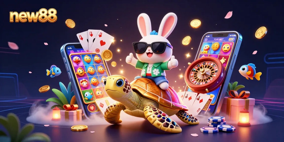 Win big with new88: Colorful 3D illustration featuring playful casino elements.