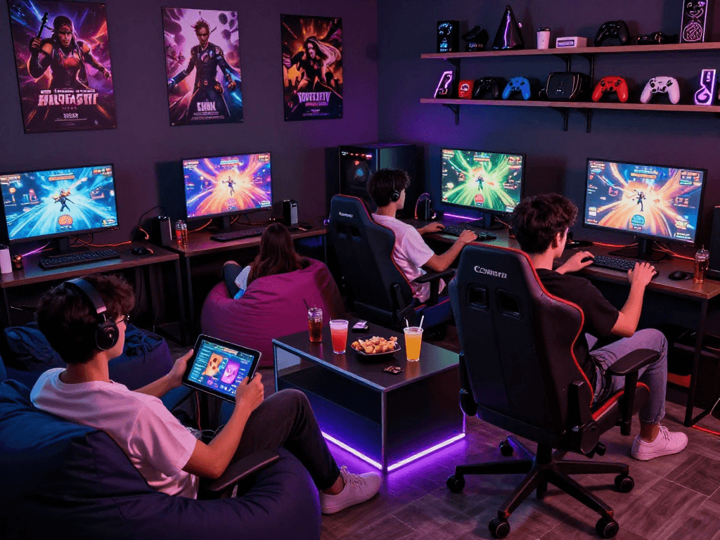 Adult gamers immersed in various porngames in a vibrant gaming lounge.