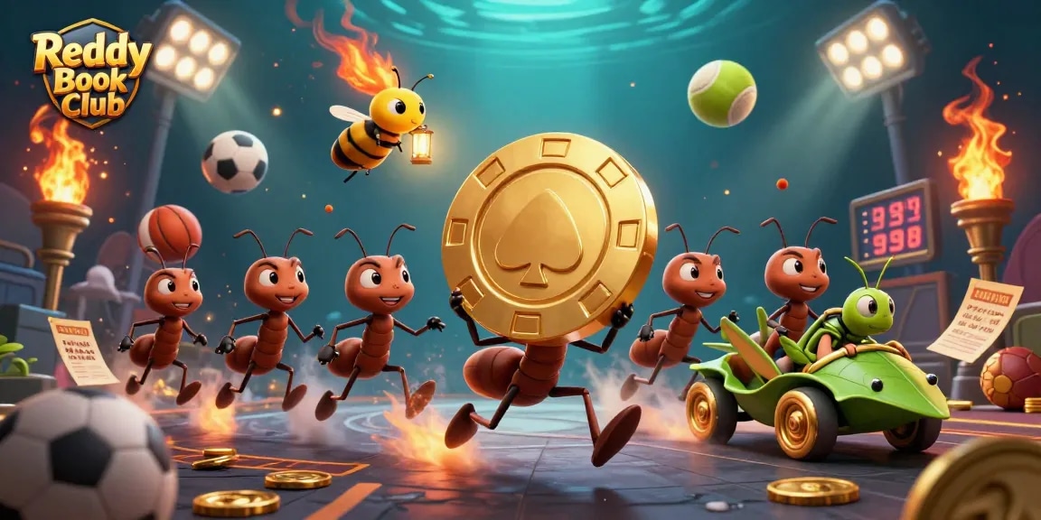 Experience Reddy Book Club's thrilling betting adventure with dynamic cartoon ants, sports elements, and rich casino visuals.