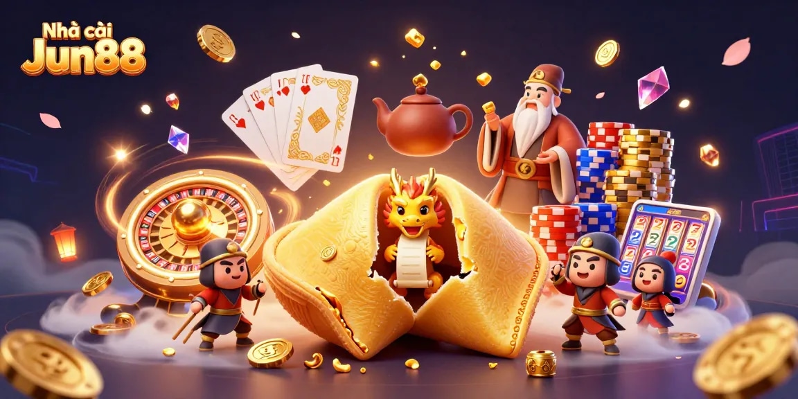 Engage with Nhà cái Jun88, capturing the thrill of casino gaming through dynamic gold, dragons, and fortune cookies.