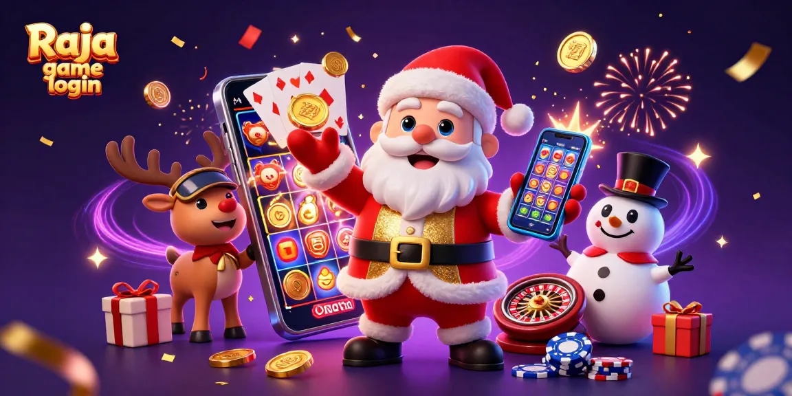 Experience Raja game login excitement with Santa and friends in a vibrant casino setting.
