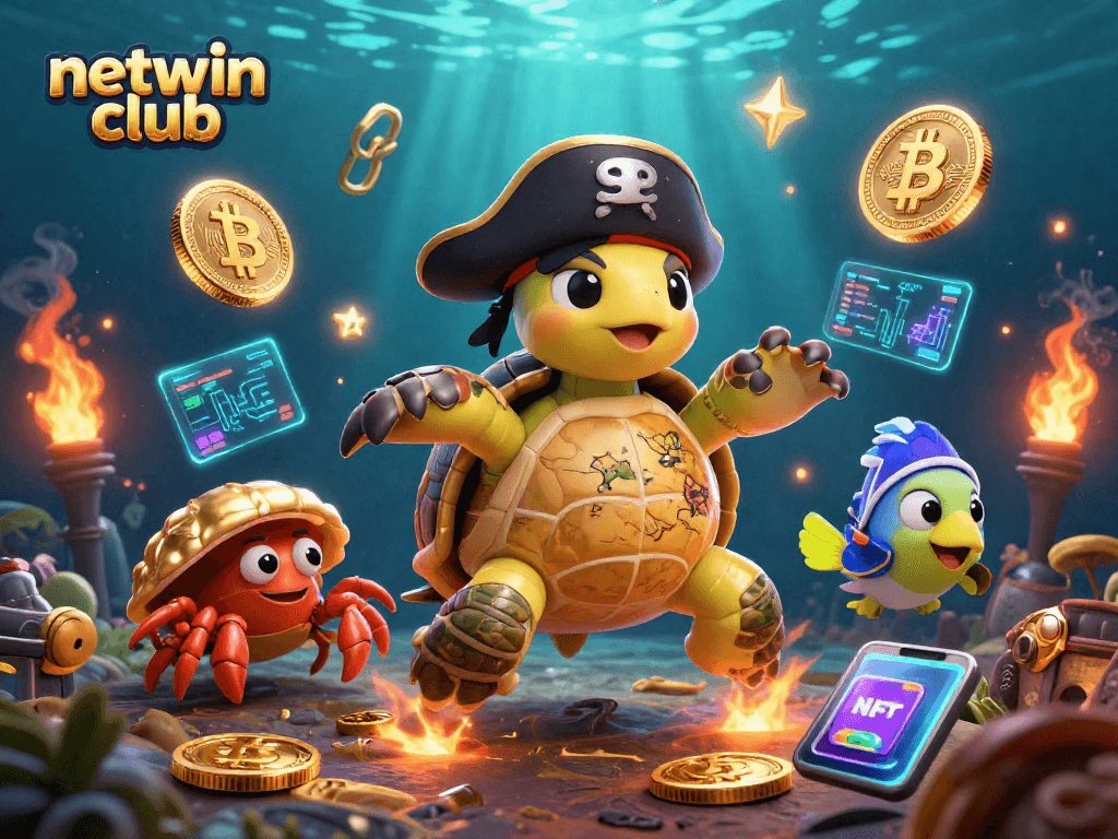 Engage with netwin club's immersive online casino experience through a vibrant underwater illustration.