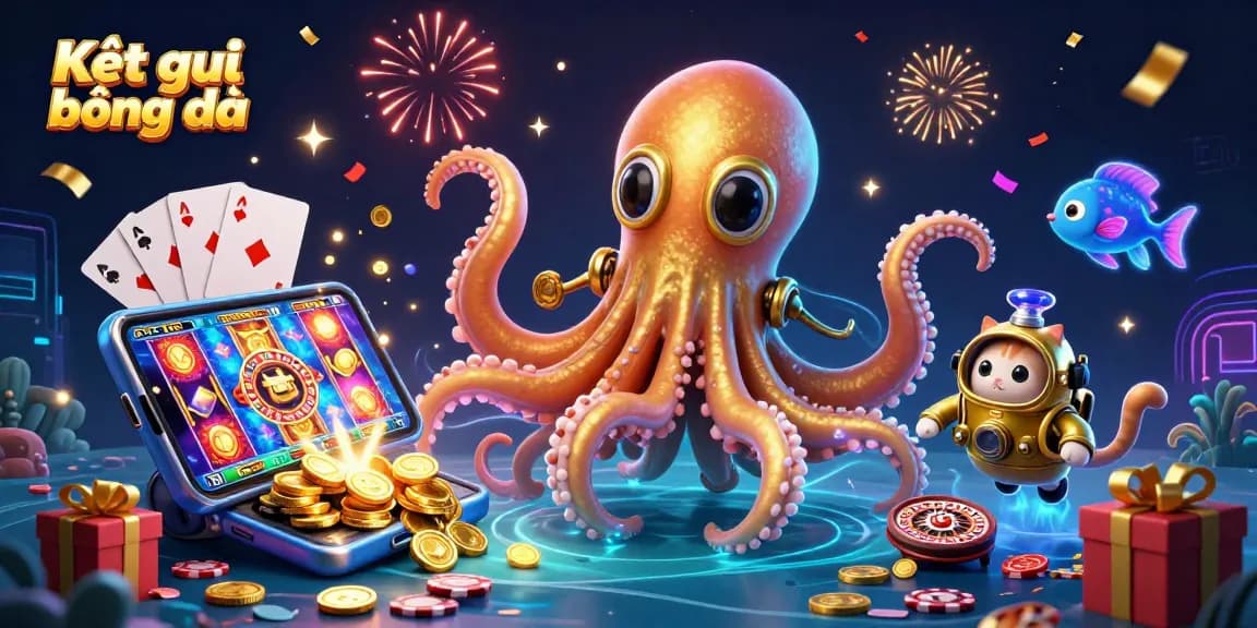 Experience Kết quả bóng đá excitement with a thrilling 3D scene of a kraken, diving cat, and vibrant gambling elements.