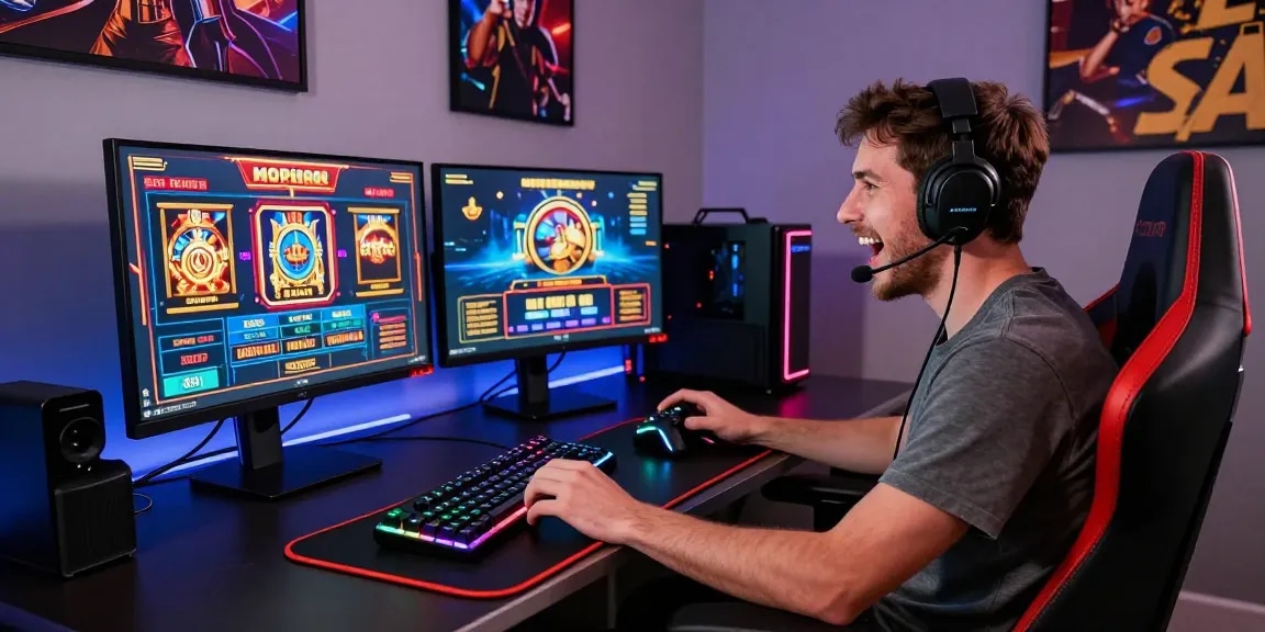 Immersive gaming setup at https://naga2000.blog, player engaged in online slots and live dealer games.