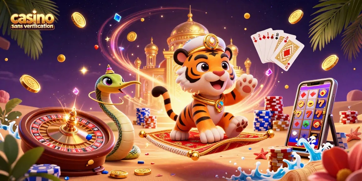 Jouer dans un casino sans vérification avec un sultan, un génie et des jetons colorés.