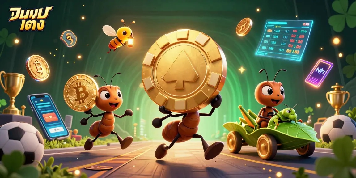 Engage in แทงบอลเต็ง with the animated heist scene featuring ants, sports elements, and neon crypto coins.