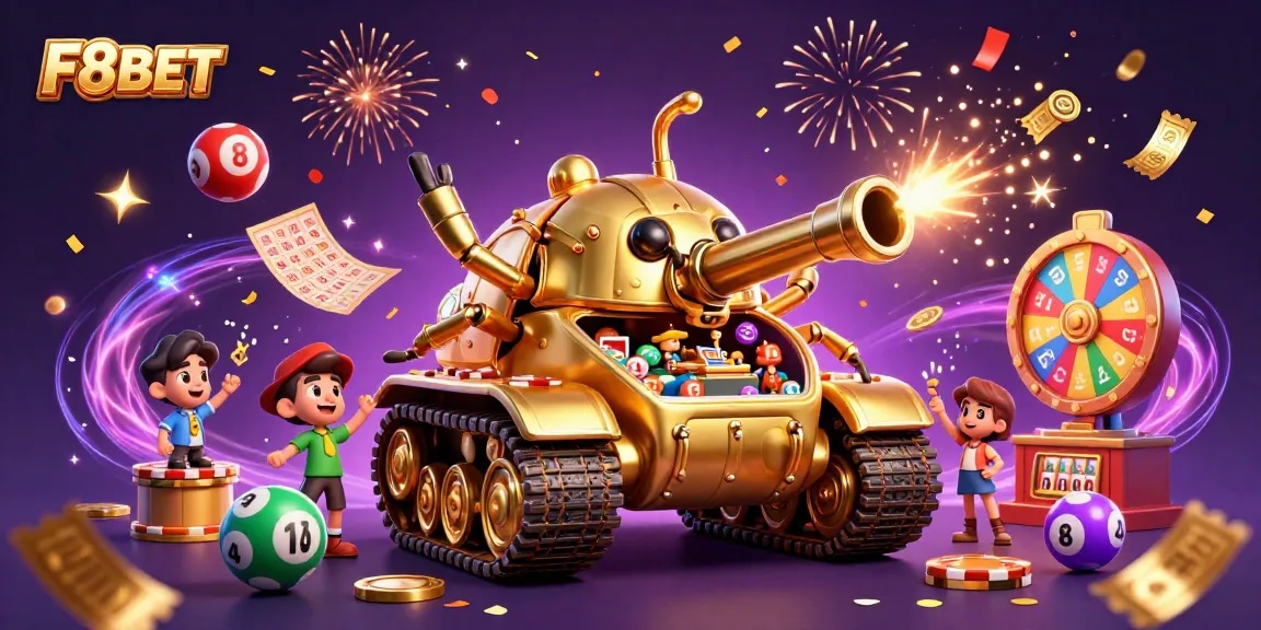 Experience the excitement of F8BET with a vibrant 3D casino scene filled with games and lottery elements.
