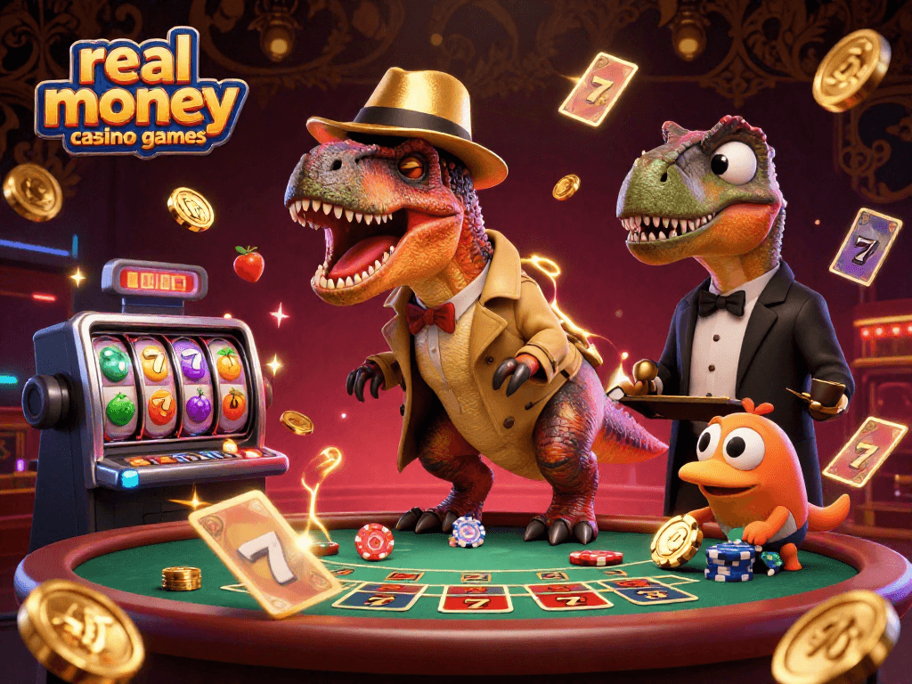 Experience real money casino games with a playful velociraptor at blackjack amidst neon sports elements.