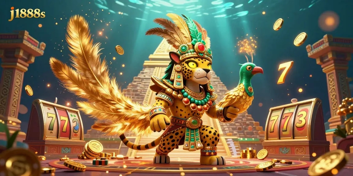 Experience thrilling gameplay at j1888s with a vibrant casino scene featuring slot reels, golden tokens, and mystical characters.