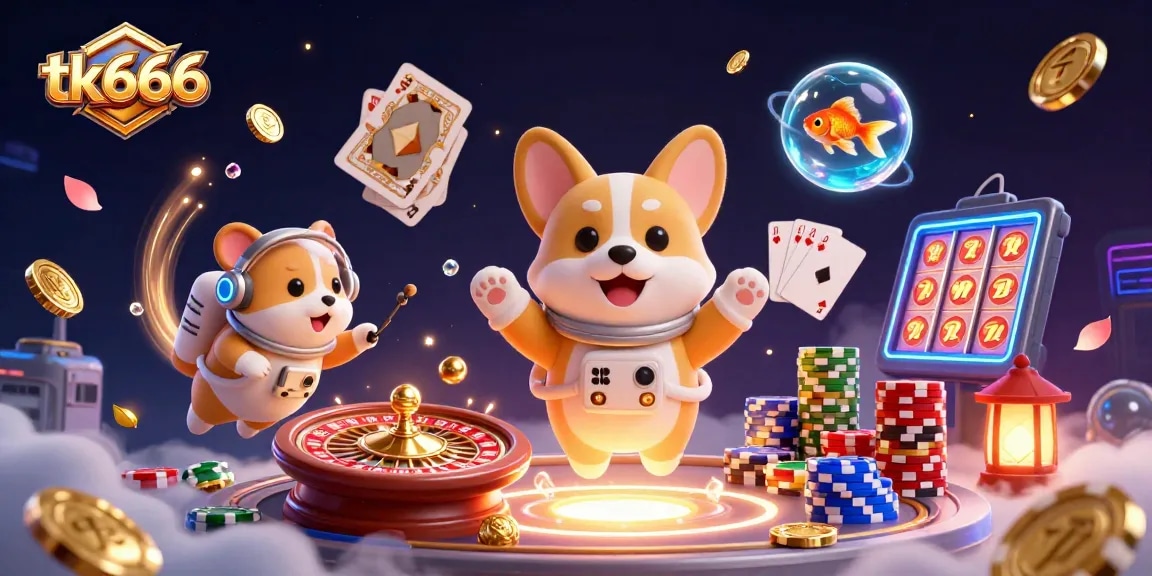 tk666 casino action scene with a floating corgi, hamster, and goldfish surrounded by coins and cards