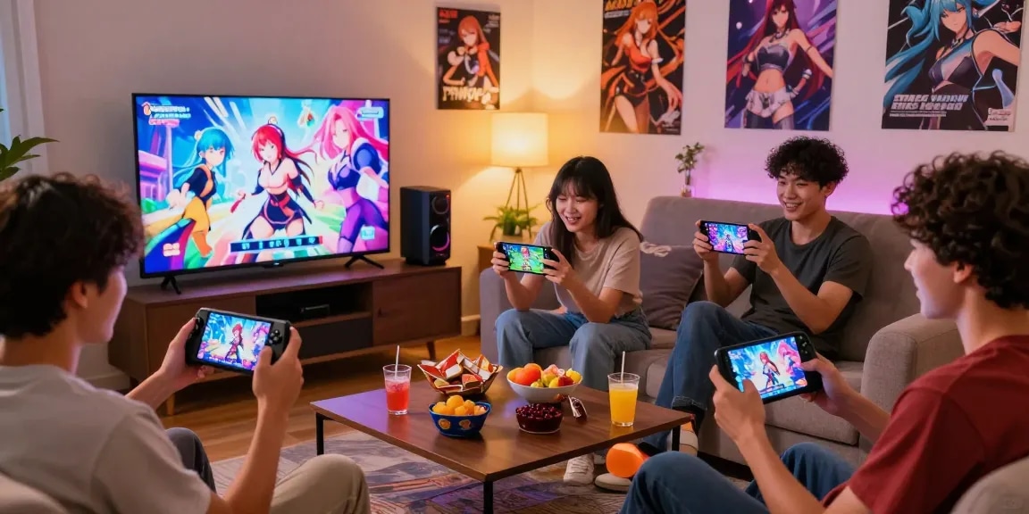 Engaged players enjoying a hentai game session on mobile devices in a cozy living room atmosphere.