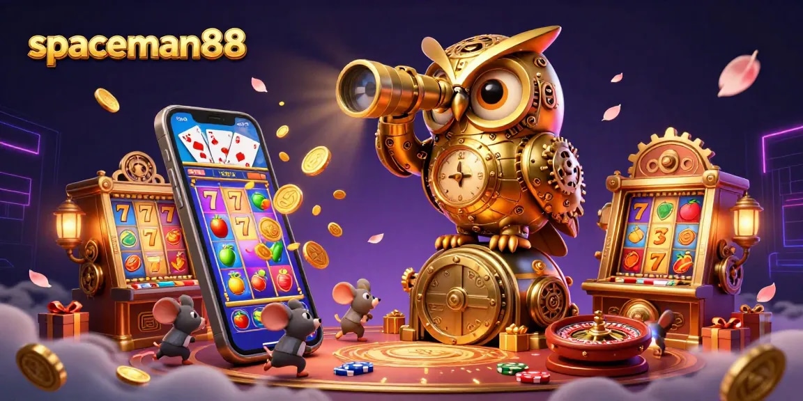 Engage with spaceman88 in this vivid 3D casino scene featuring a metallic owl and overflowing slots.
