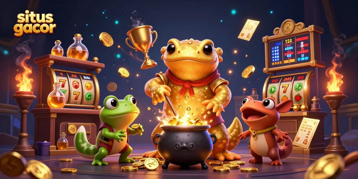 Situs gacor showcases a vibrant 3D scene with characters focused on winning big in slot games