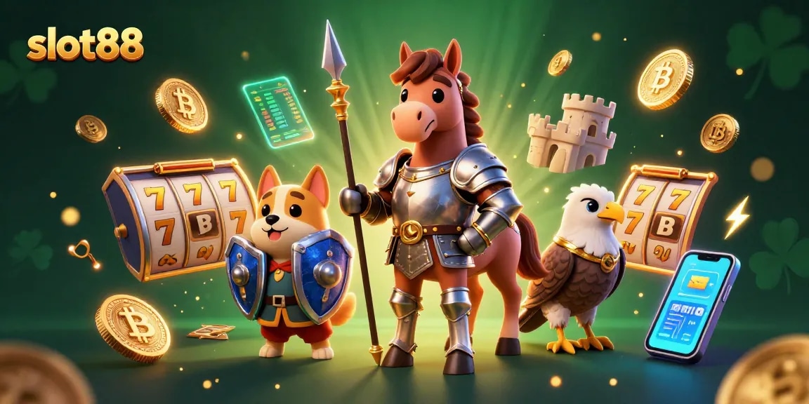 Engage with slot88 action in a vibrant 3D casino illustration filled with dynamic gaming elements.