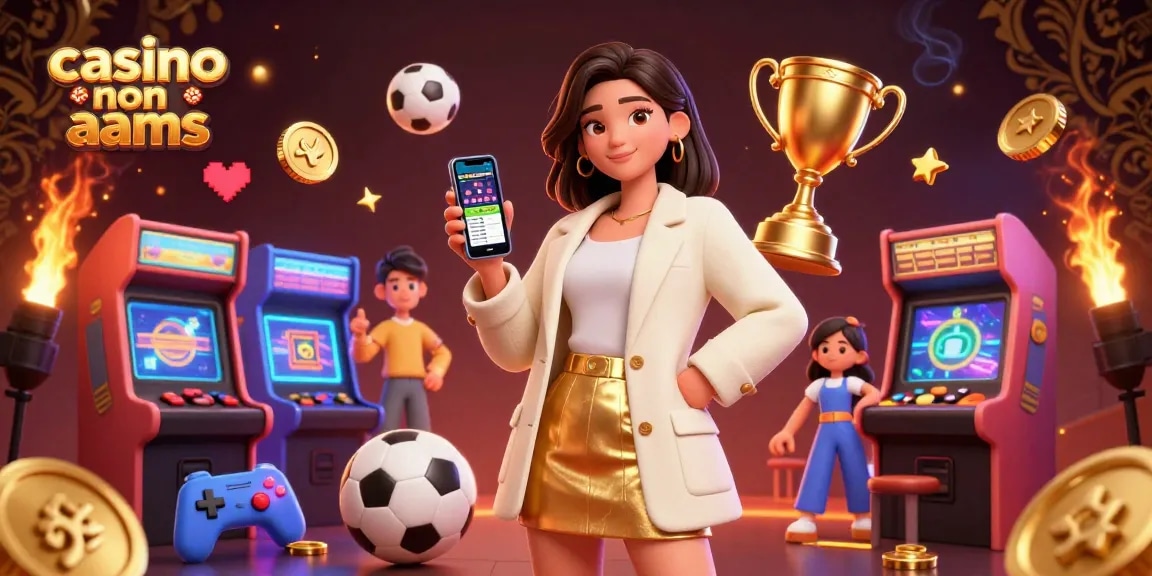 Un'illustrazione fotorealistica che mostra il vivace mondo dei casinò non AAMS con una donna che tiene un'app per scommesse sportive.