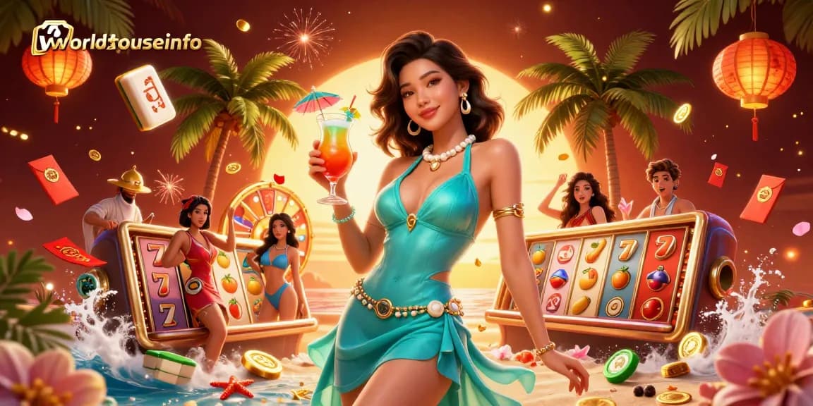 Experience tropical excitement with worldhouseinfo in a bustling casino scene filled with vibrant game symbols.
