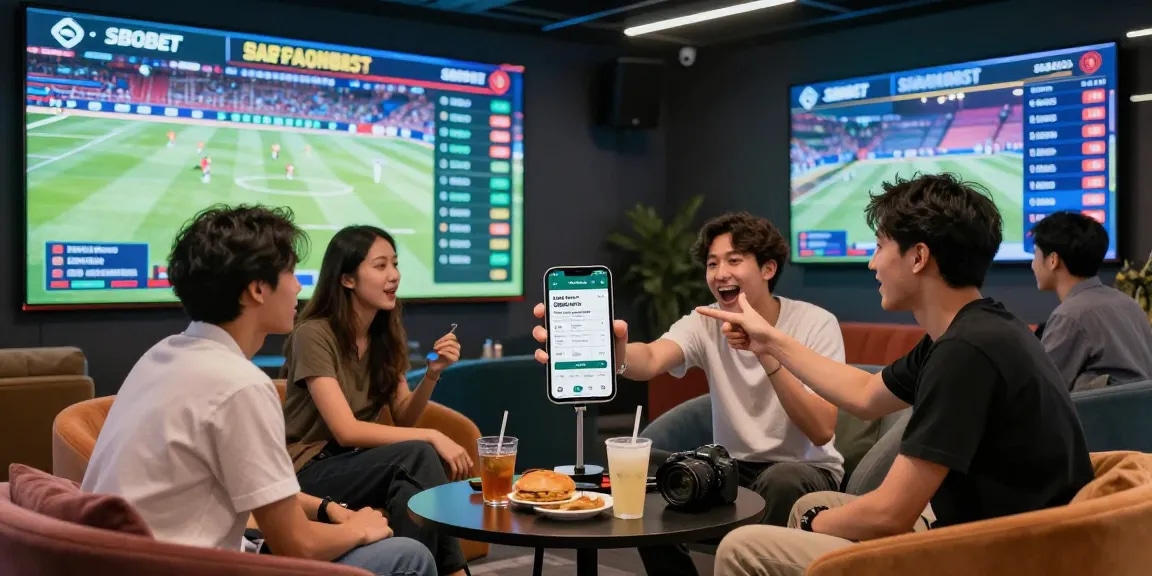 Friends enjoying sports betting together using Link Resmi Sbobet Dewacash app in a lively lounge.