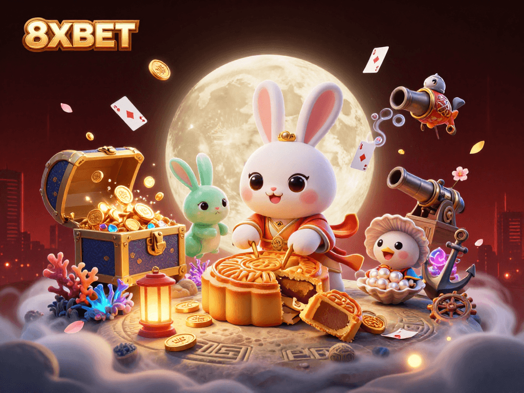 Join the fun at 8XBET with a vibrant 3D illustration showcasing gambling elements and entertainment.