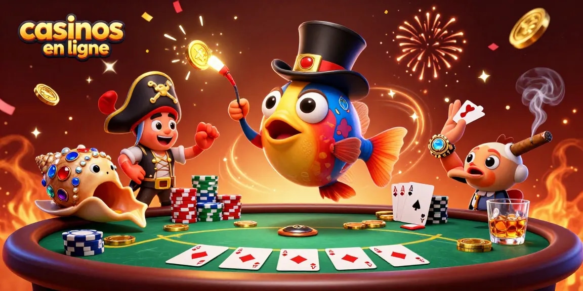 Jouez à des casinos en ligne avec des personnages de poisson animés et des éléments de poker captivants.