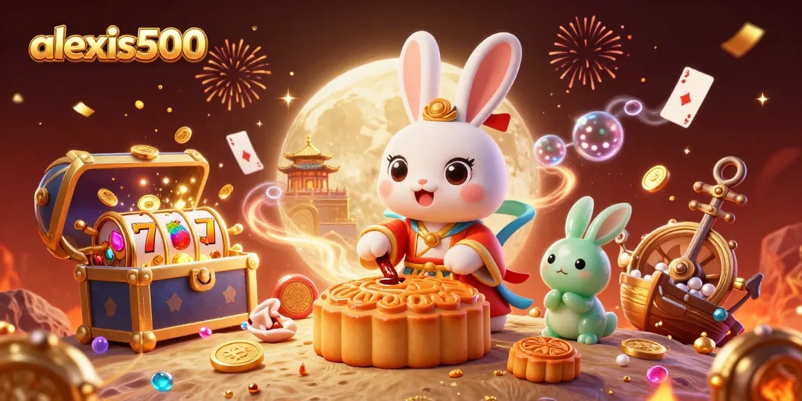 Play at alexis500 with a moon rabbit panning for jackpot mooncakes amidst slot features.