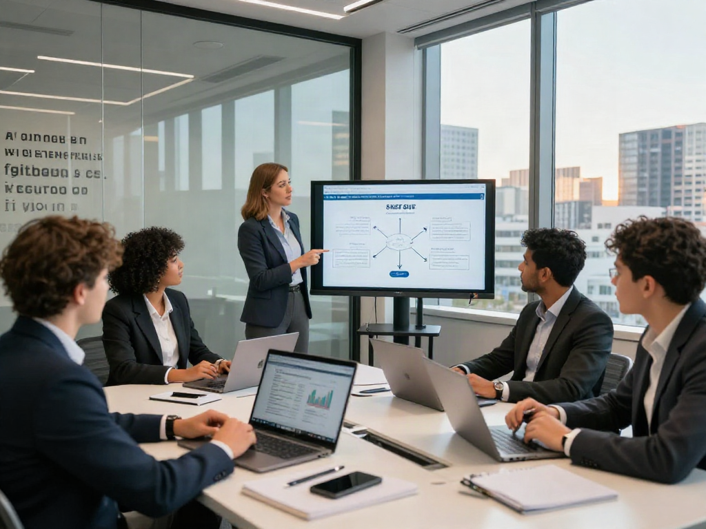 Business professionals discussing SMSF set up strategies in a modern conference room