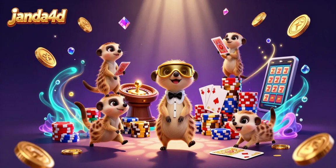 JANDA4D menghadirkan suasana kasino dengan meerkat yang beroperasi di tengah banyak koin emas dan permainan slot.