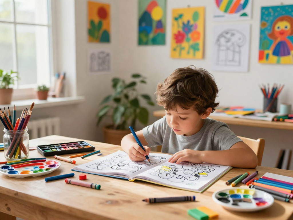 Child coloring in a colorful book amidst vibrant art supplies, depicting creativity with Coloring Books.