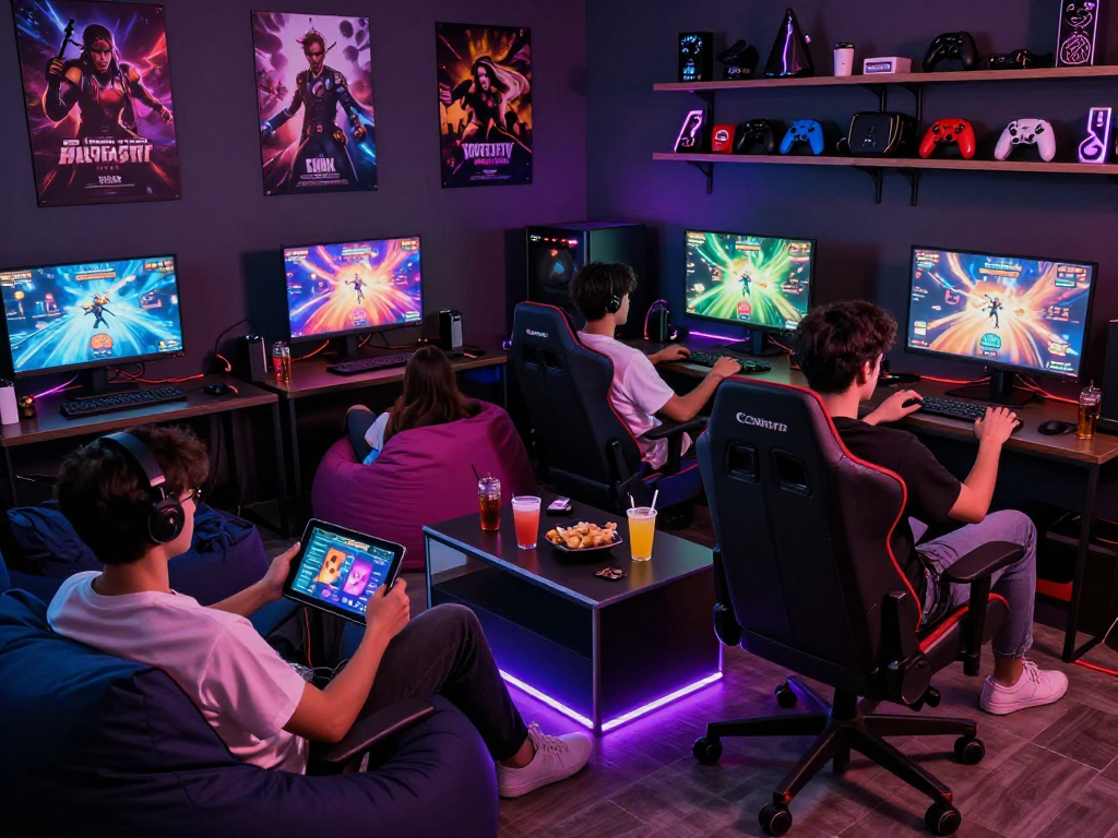 Adult gamers immersed in various porngames in a vibrant gaming lounge.