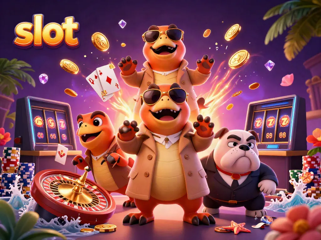 Mainkan slot di kasino dengan bantuan raptor kartun dalam jas, dikelilingi oleh koin emas.