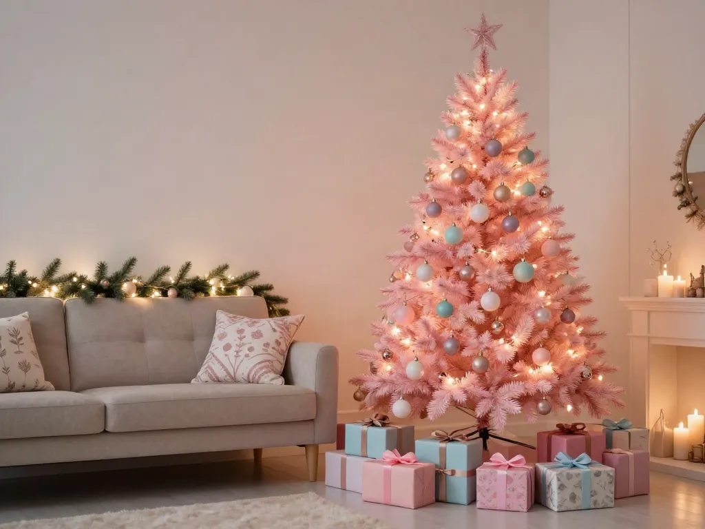 Cozy living room with a small pink Christmas tree adorned with lights and ornaments.