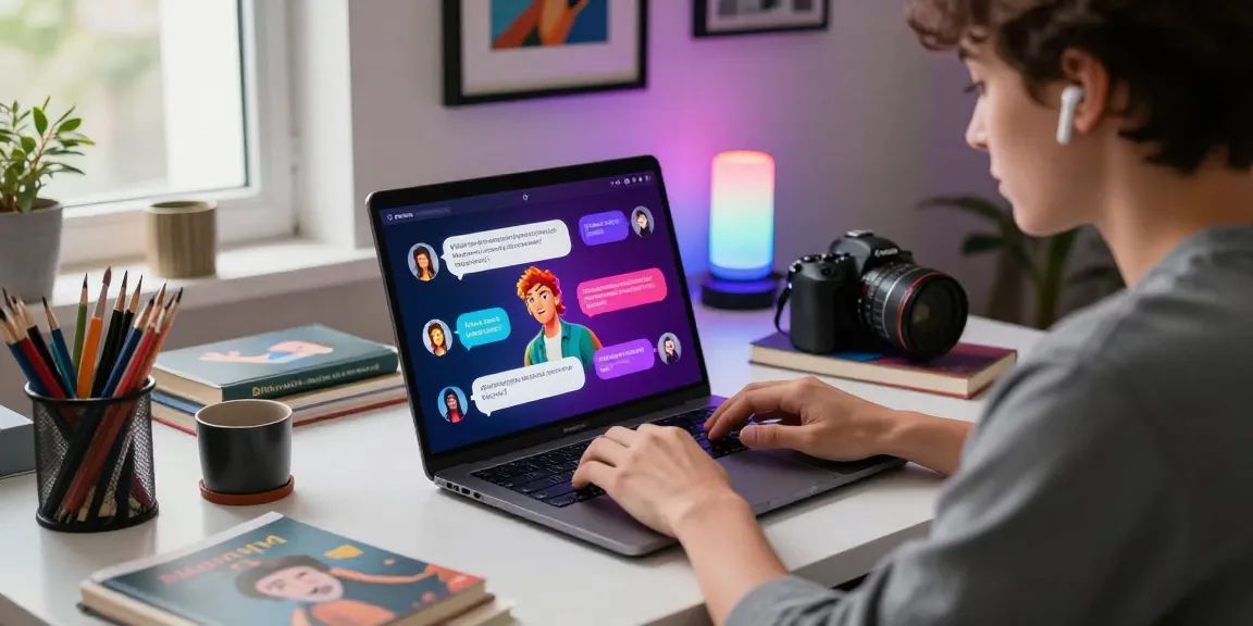 Engaging with a vibrant nsfw ai chatbot on a sleek laptop in a cozy, colorful workspace.