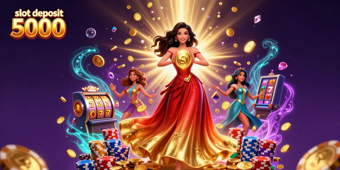 Experience big wins with slot deposit 5000 at this colorful online casino scene showcasing lucky symbols and coins.