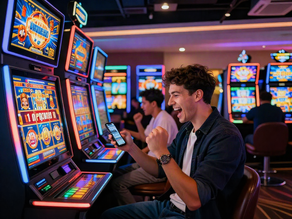 Player celebrating a big win on slot gacor hari ini in a vibrant casino atmosphere.