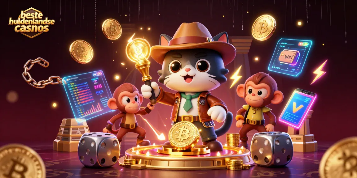 Engaging scene showcasing beste buitenlandse casinos, with an explorer cat and monkey amidst golden artifacts and crypto elements.