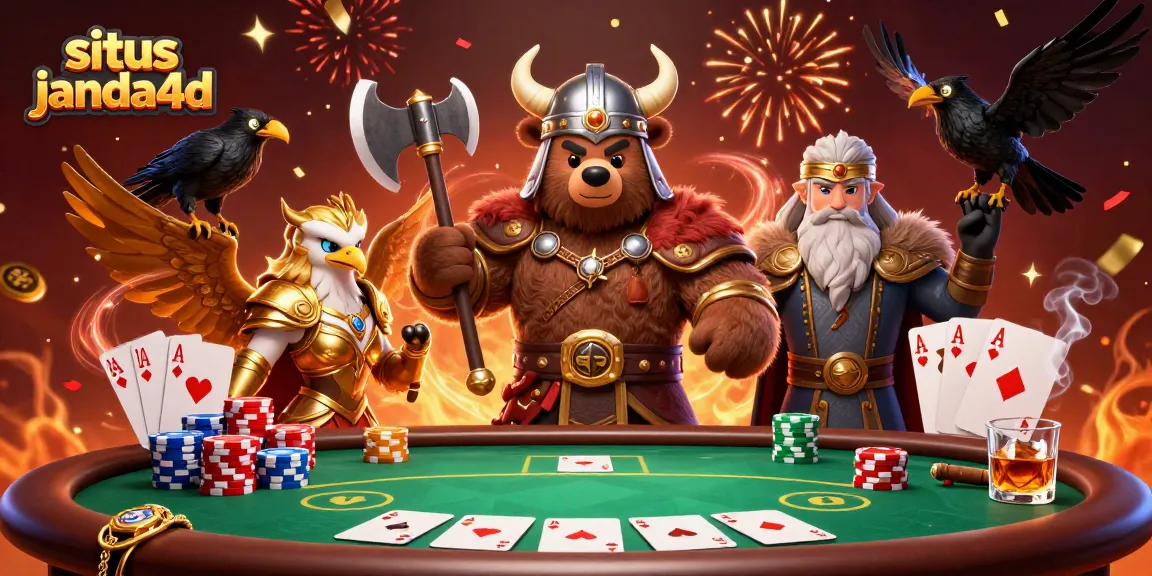 Situs janda4d menampilkan ilustrasi kasino dengan beruang Viking dan elang Valkyrie yang sangat menonjol.