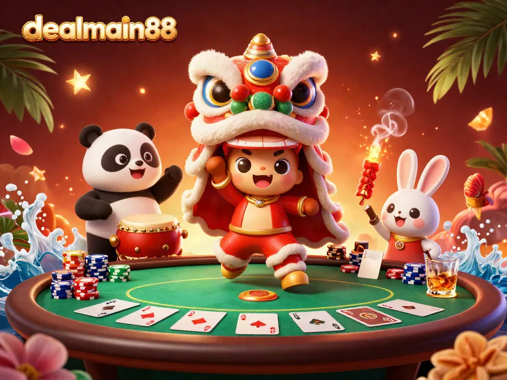 Celebrate wins at dealmain88 with a vibrant casino scene featuring a lion dance and poker elements.