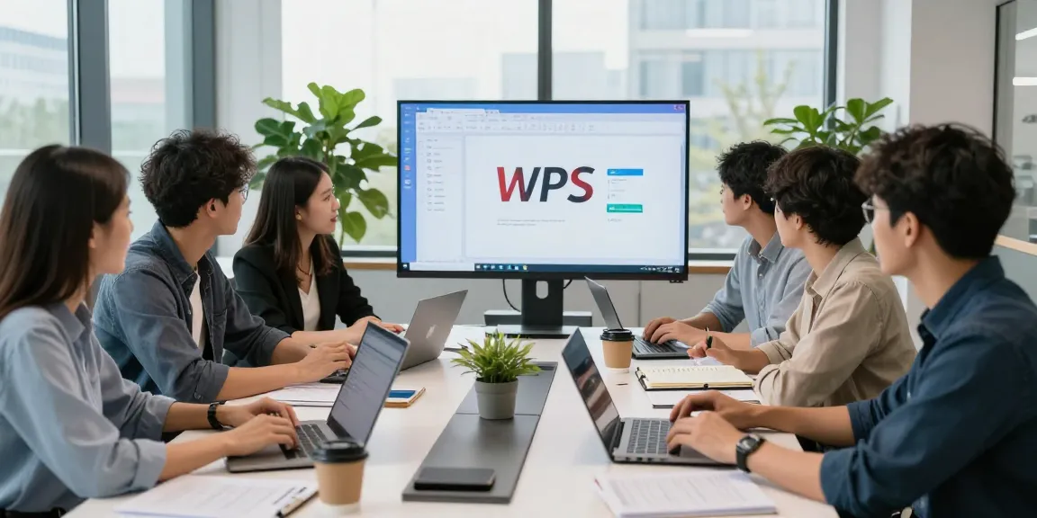 Team collaborates using wps下载 in a modern office setting with digital tools and natural light.